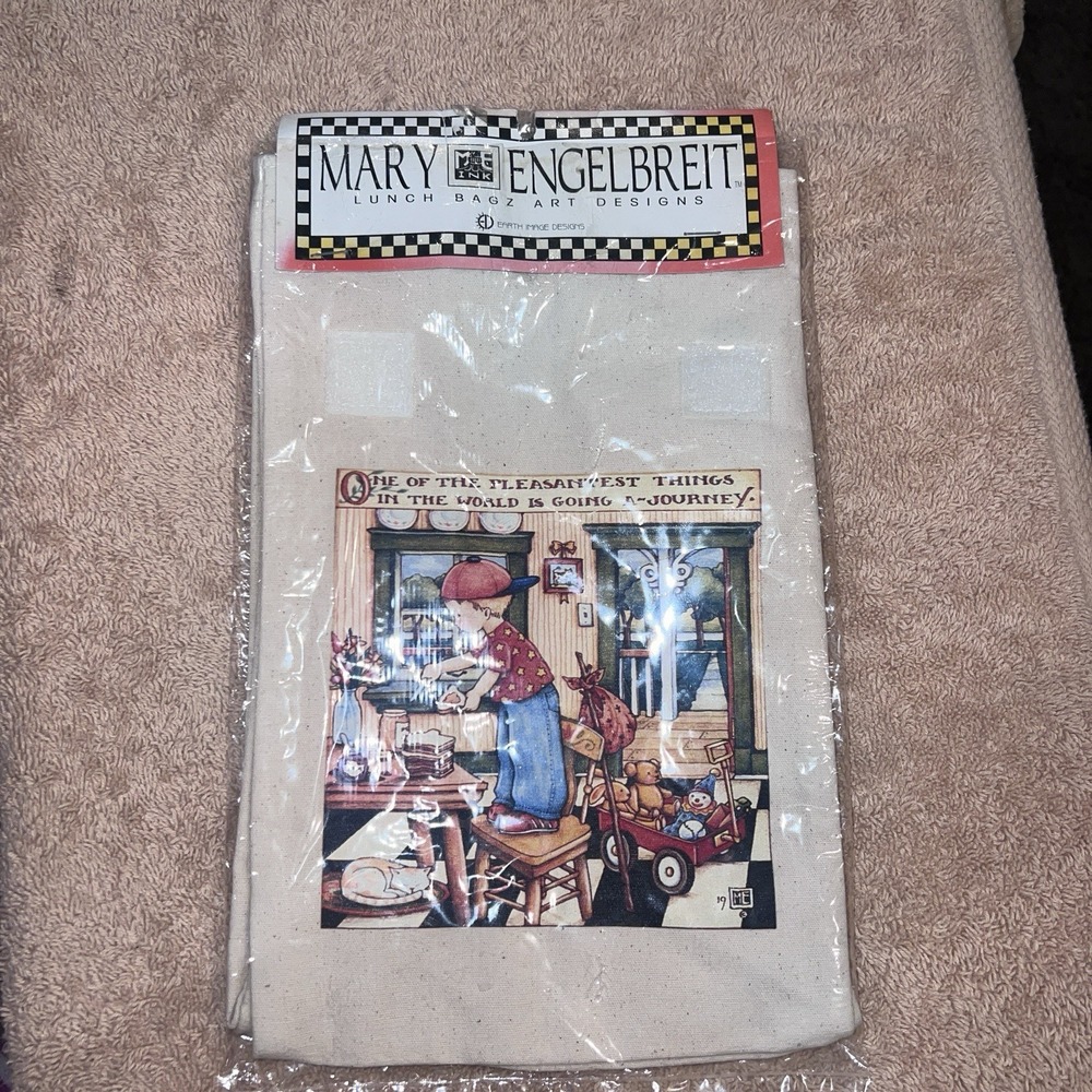 Mary Engelbreit Beige Lunch Sack "Going On A Journey"Design Eco Friendly Reuse